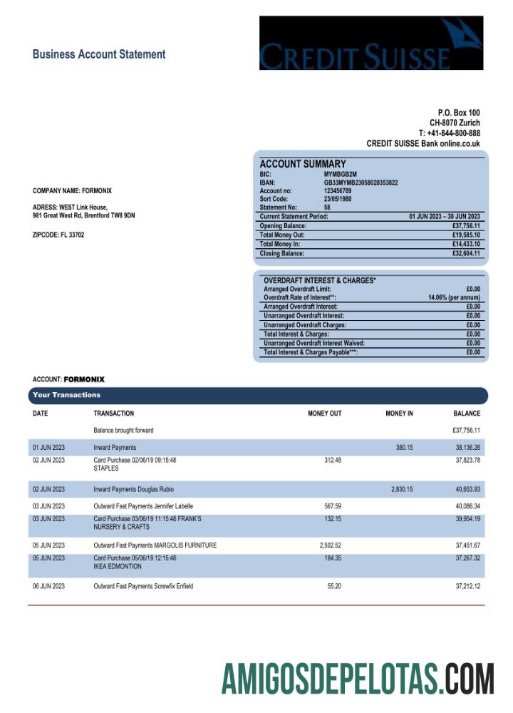 Em branco Extrato de conta corporativa do Credit Suisse Bank modelo Word e PDF